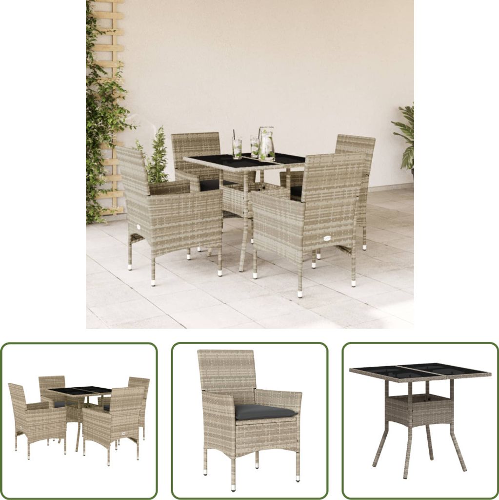 The Living Store 5-tlg. Garten-Essgruppe mit Kissen Hellgrau Poly Rattan Glas