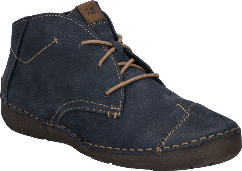A single blue leather boot is shown against a white background.