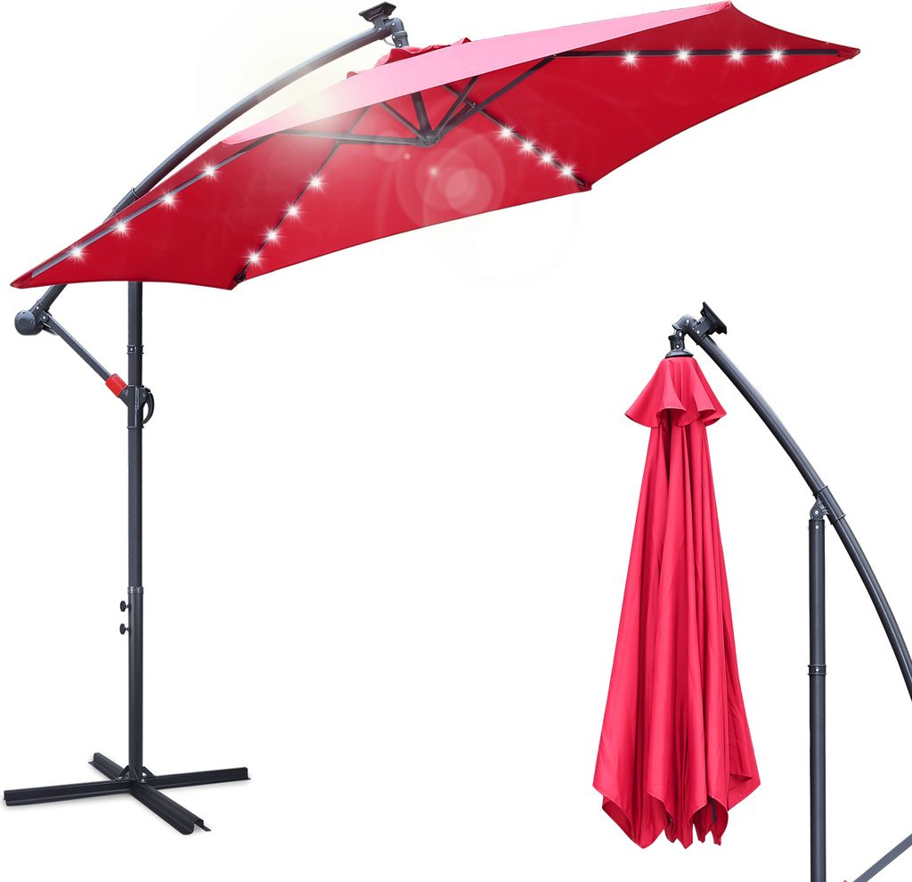 Yakimz Ampelschirm 300 cm mit LED-Beleuchtung, UV-Schutz & Kurbel - Rot
