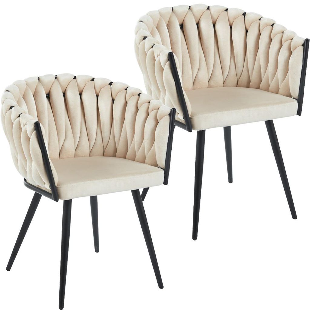 Two beige upholstered chairs with black legs are shown against a white background.