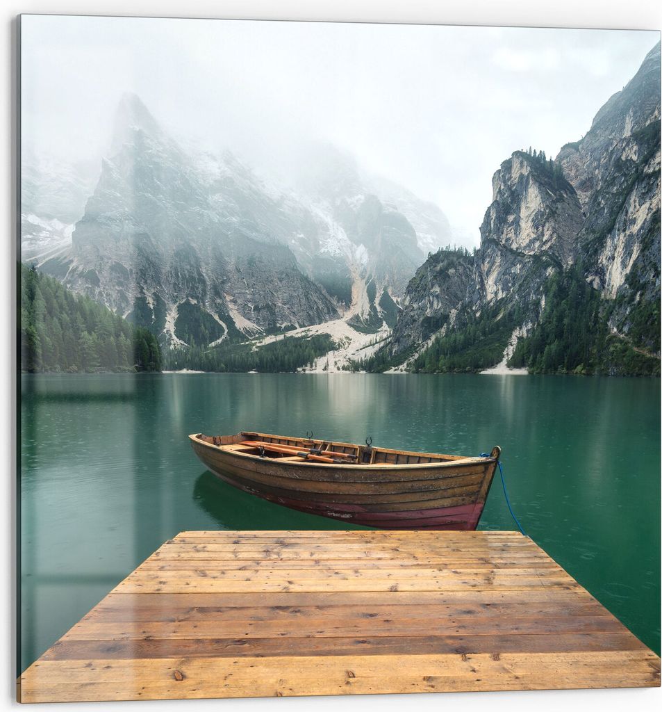 DEQORI Küchenrückwand Glas 60x60 cm 'Bergsee und Bootsteg' Spritzschutz Bad Rückwand
