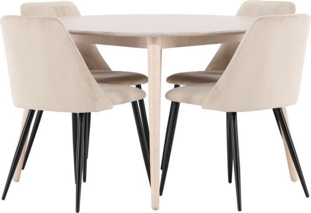Flora Essgruppe Tisch Ø120cm und 4 Stühle whitewash, beige.