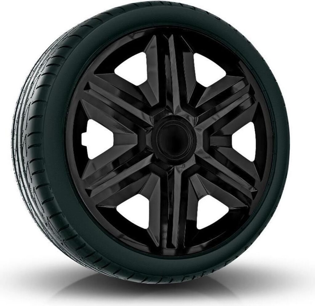 A black car wheel with a black hubcap is shown against a white background.