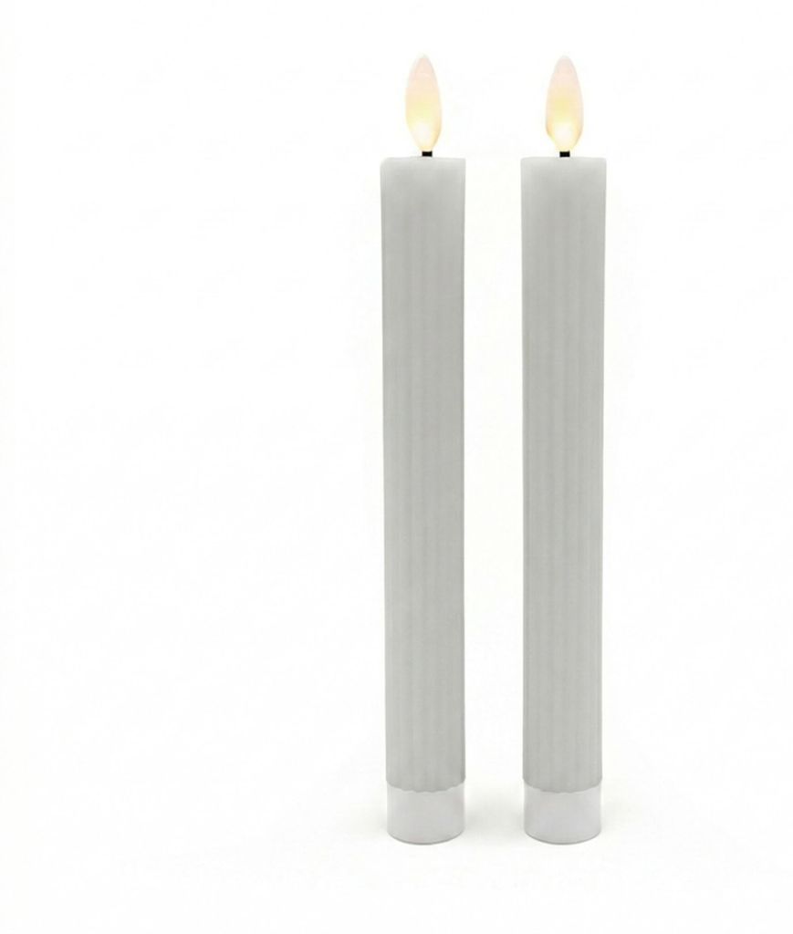 Relaxdays LED Stabkerzen, 2er Set, HxD: 25 x 2 cm, flackernde Flamme, Echtwachs, Rillen, flammenlose Kerzen, hellgrau