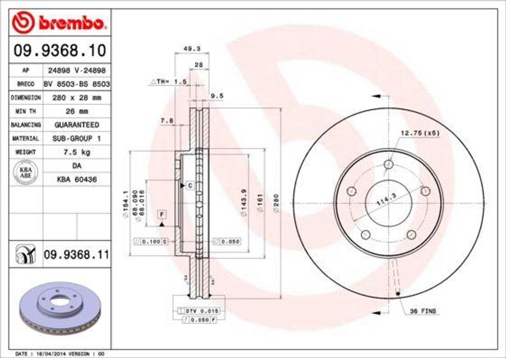 BREMBO 09.9368.11 Bremsscheibe OE 402063Y502 kompatibel mit X-Trail, Primera, Maxima, Cefiro, Almera