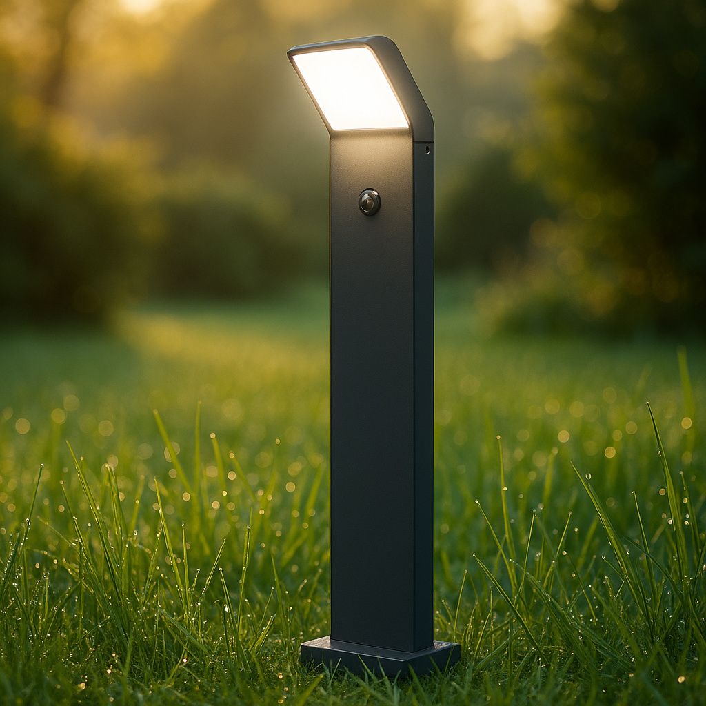 A modern black garden light with a motion sensor stands in wet grass at sunrise.