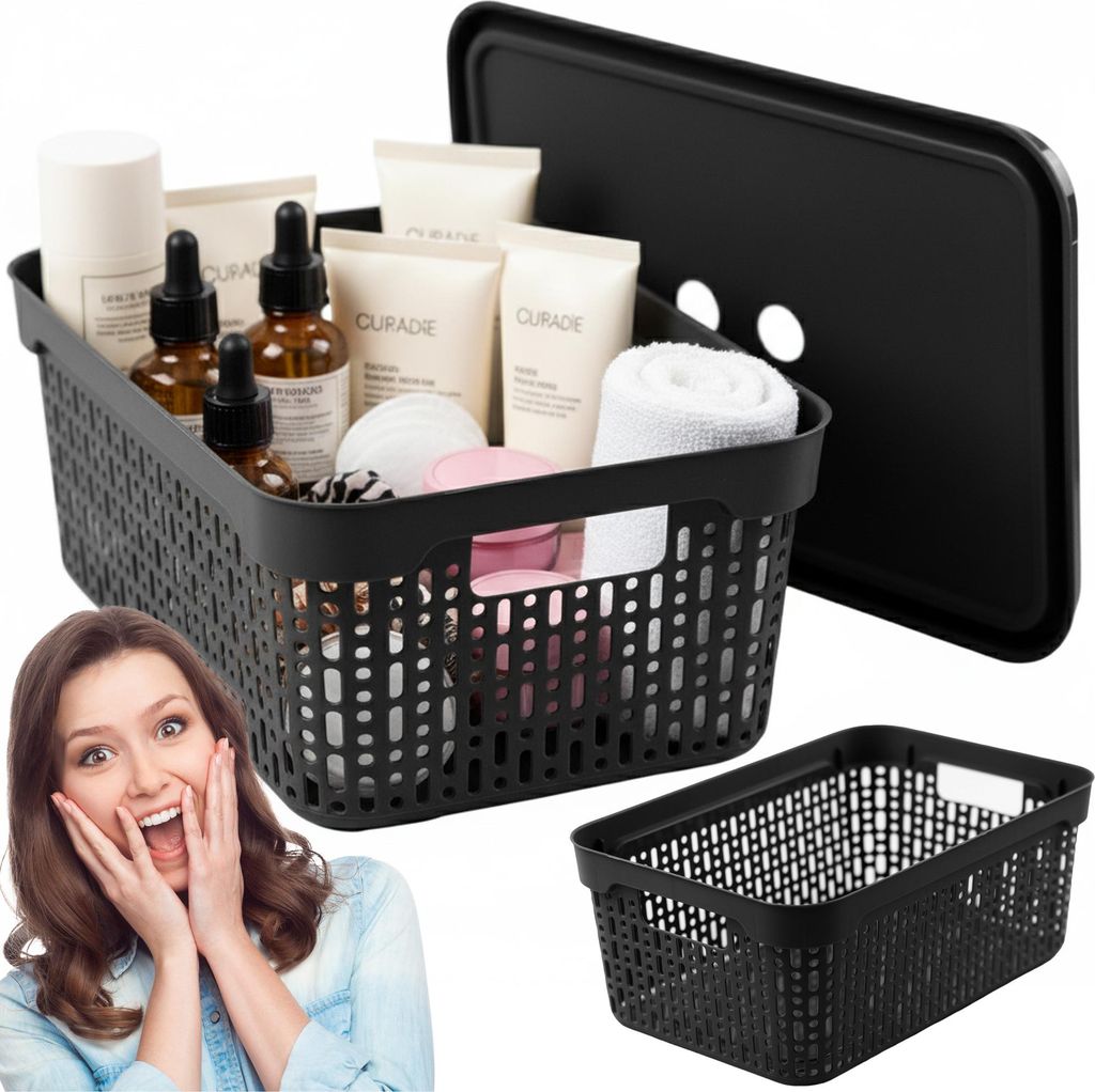 Aufbewahrungskorb Korb mit Deckel L Aufbewahrungskiste Aufbewahrungsbox aus Plastik Schwarz