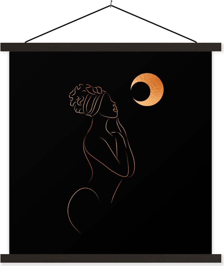 MuchoWow Textilposter Frau - Mond - Schwarz und Gold - Strichzeichnung 60x60 cm mit schwarzem Rahmen - Posteraufhänger