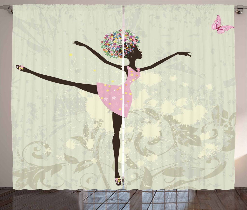 ABAKUHAUS Ballett Rustikaler Gardine, Afro-Mädchen mit Blumen Haar, Schlafzimmer Kräuselband Vorhang mit Schlaufen und Haken, 280 x 175 cm, Hellg...