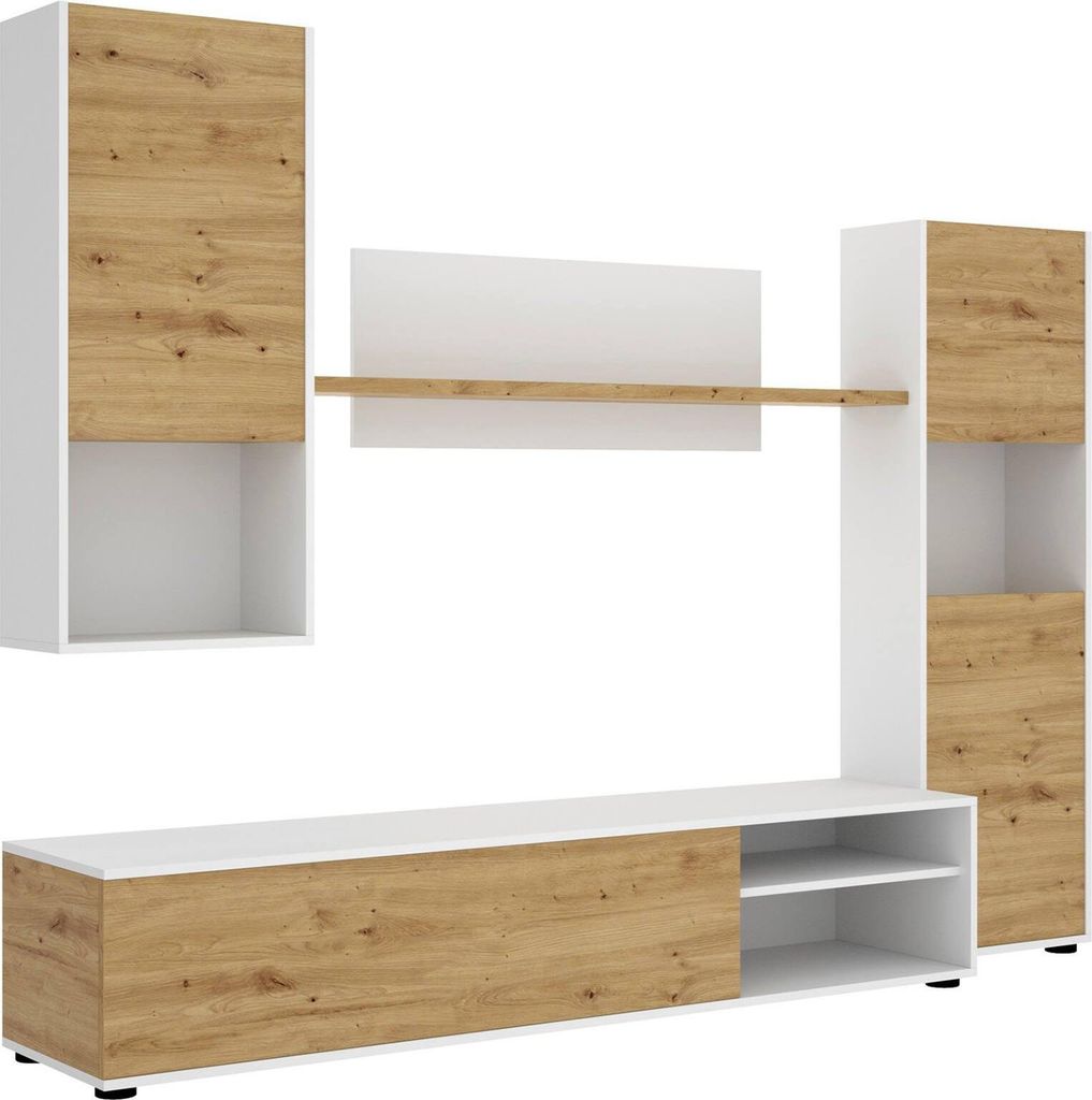 Wohnwand Dzuell, TV-Ständer-Wohnzimmerset, Mehrzweck-Wohnzimmermöbel, 220 x 41 x 180 cm, Node Oak und Weiß