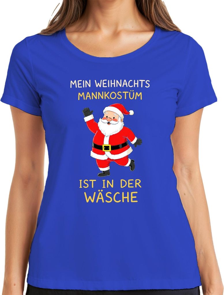 Weihnachtsmannkostüm in der Wäsche Weihnachten Nikolaus Lustig Damen T-Shirt, Blau, M