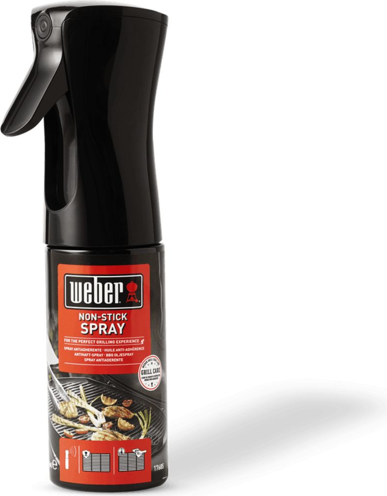 A black spray bottle with a red and white label, standing upright against a white background.
