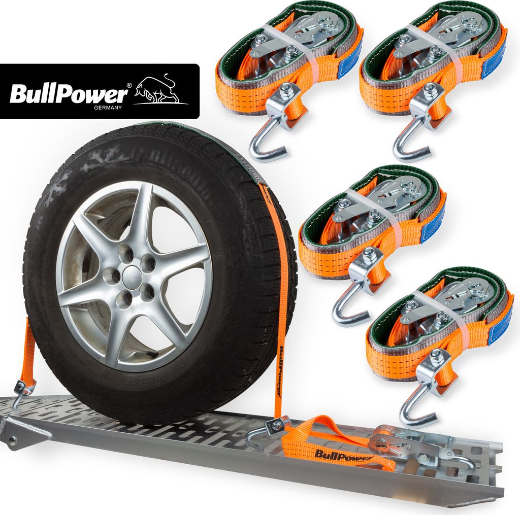 4x BullPower Spanngurte AZG114 - Autotransport PKW Zurrgurte Reifengurte Transportsicherungen - LC 3000 kg / daN mit Ratsche und Haken - 35mm breit