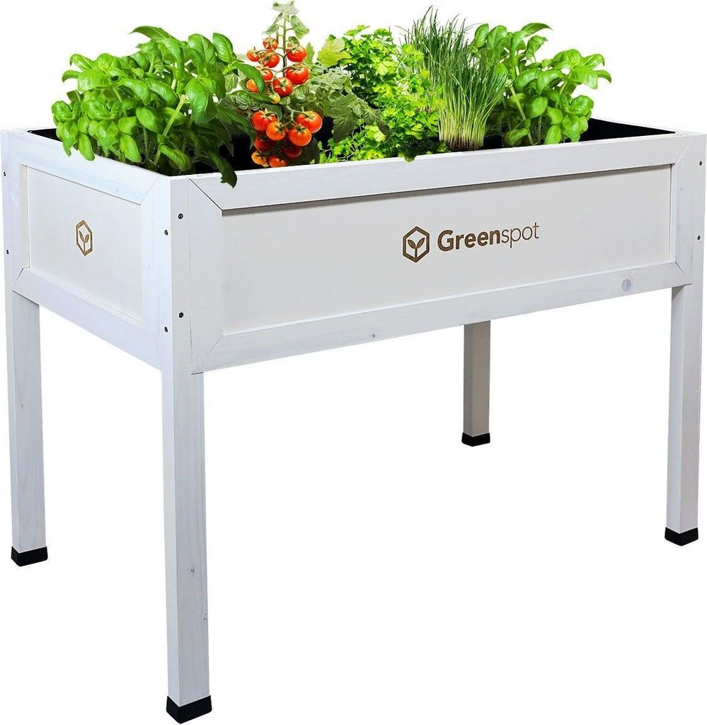 QLS Hochbeet aus Holz 110x55 cm-Balkon Kräuterbeet wetterfest mit Vlies weiß 11277