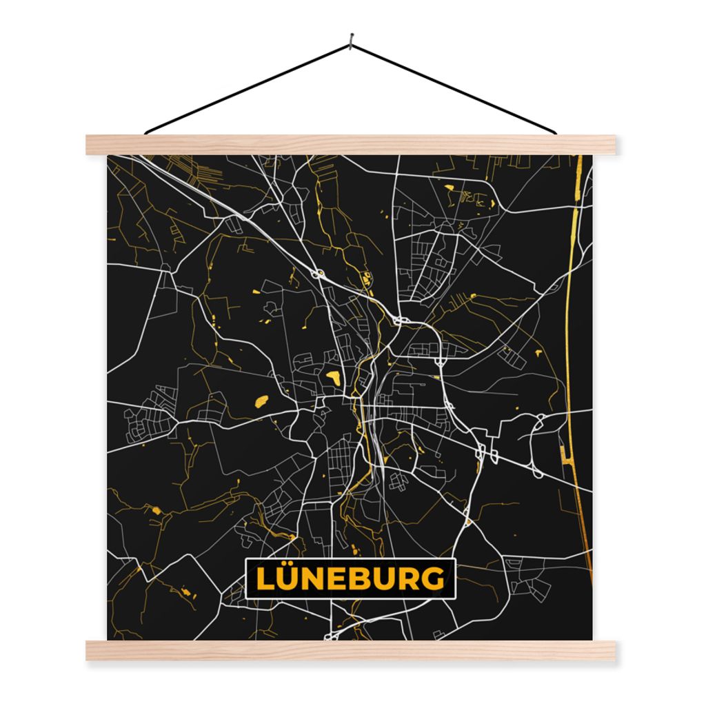 MuchoWow Textilposter Karte - Lüneburg - Gold - Stadtplan - Deutschland 120x120 cm mit holzfarbenen Rahmen - Textil-Poster
