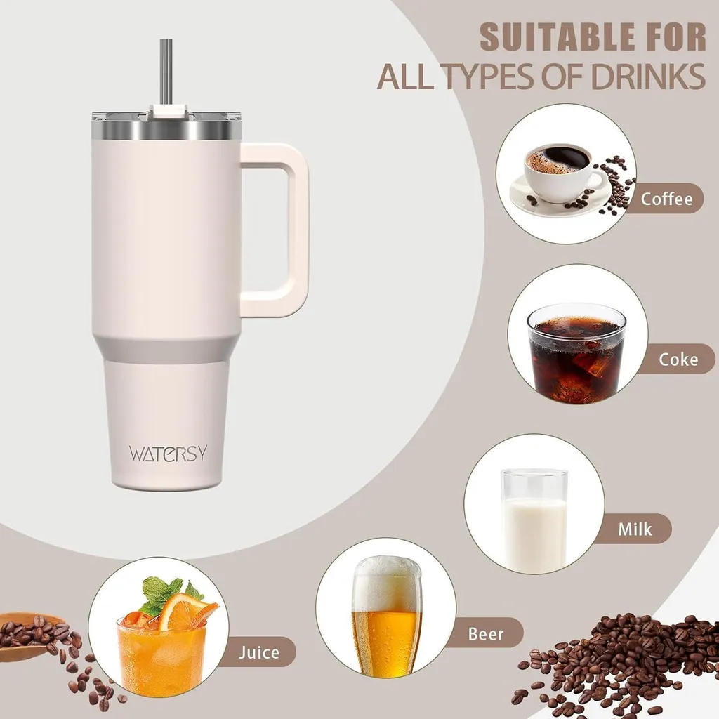 tazza Thermo Mug to Go da 30 oz in acciaio inox a doppia parete a prova di perdite con manico e cannuccia Beige chiaro - 6