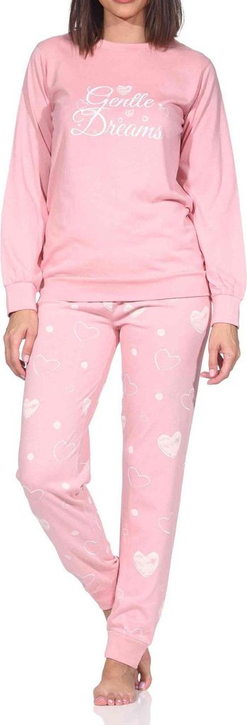 Normann Damen Schlafanzug langarm Pyjama in Herz Tupfen Punkte Optik ; rosa1 , 44