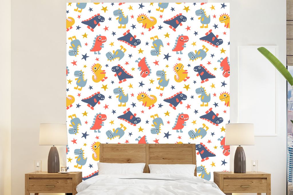 MuchoWow Fototapete für Wohnzimmer oder Schlafzimmer Wandtapete Vinyl Motivtapete Muster - Dino - Sterne - Jungen - Baby - Kinder - Kinder - 210...