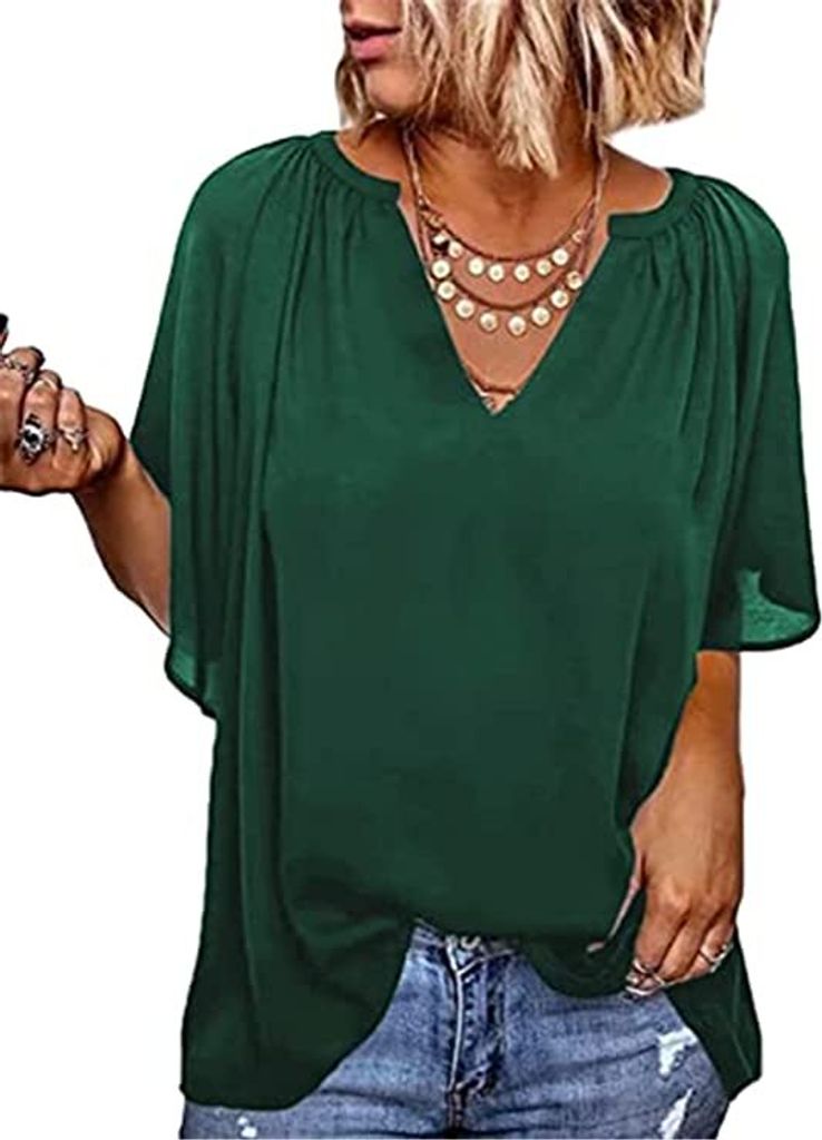 ASKSA Damen Elegant Hemd Rüsche Casual Shirt V-Ausschnitt Lose Tunika 3/4 Glockenärmel Einfarbig Bluse, Grün, S