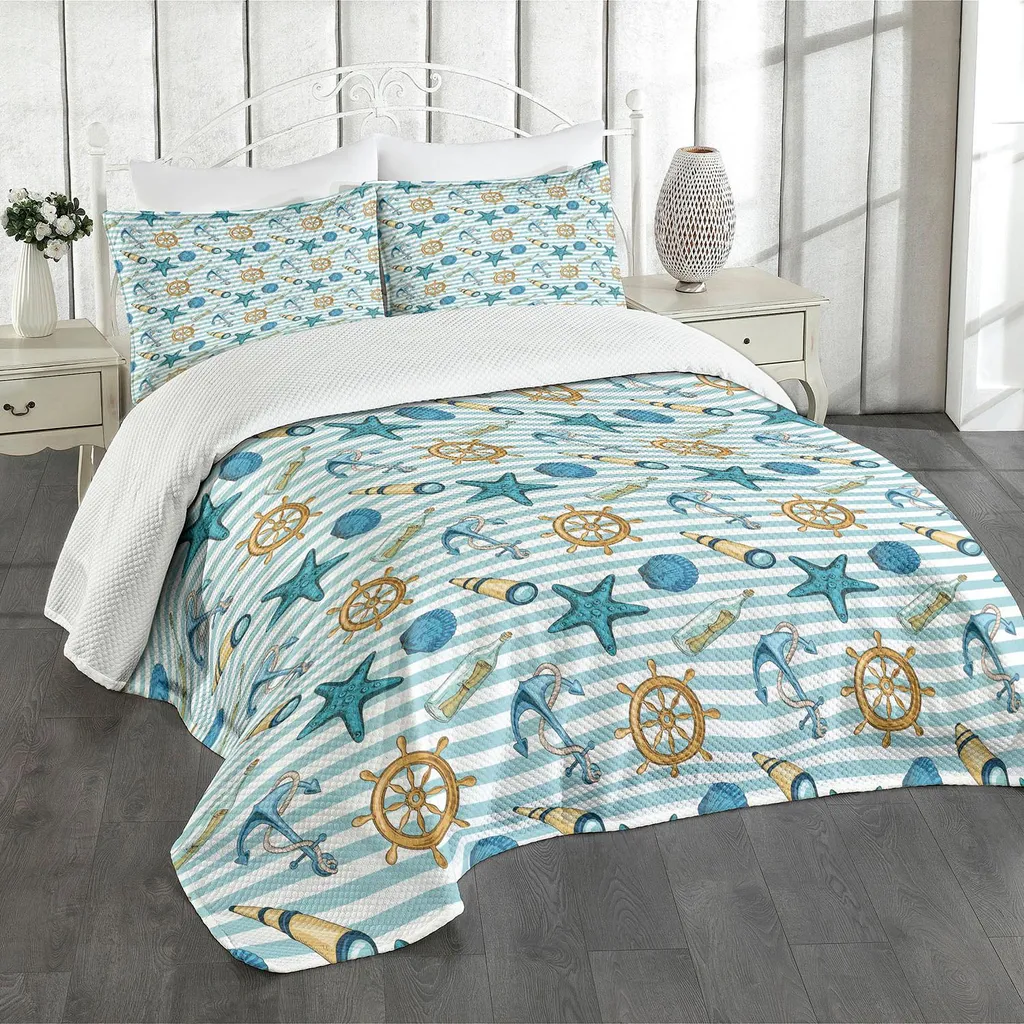 Copriletto Matrimoniale 220x220 ABAKUHAUS Stile Marino Blu e Albicocca
