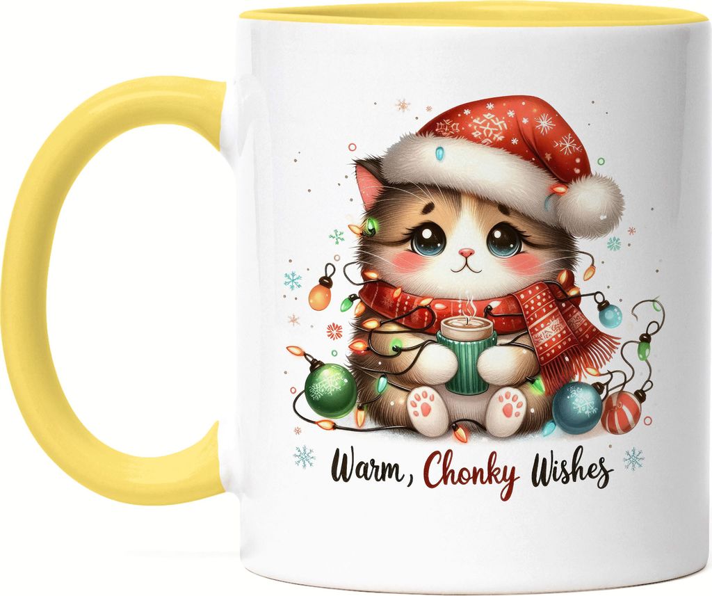 Warm Chonky Wishes Lustiges Katzenmotiv Tasse Gelb Geschenkidee witziges Design Weihnachten