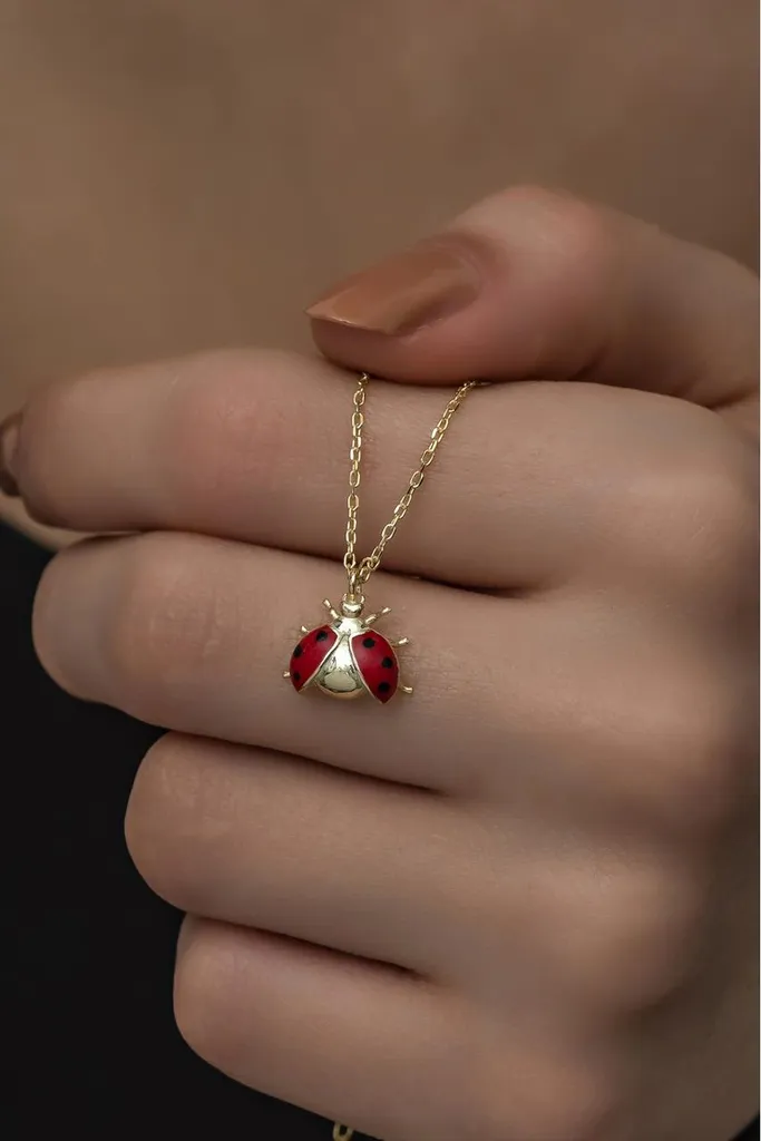 Collier porte-bonheur coccinelle rouge, argent 925 et finition dorée