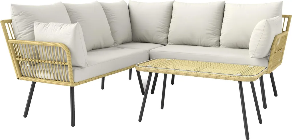 Salon de jardin d'angle résistant en résine tressée design bohème 5 pers