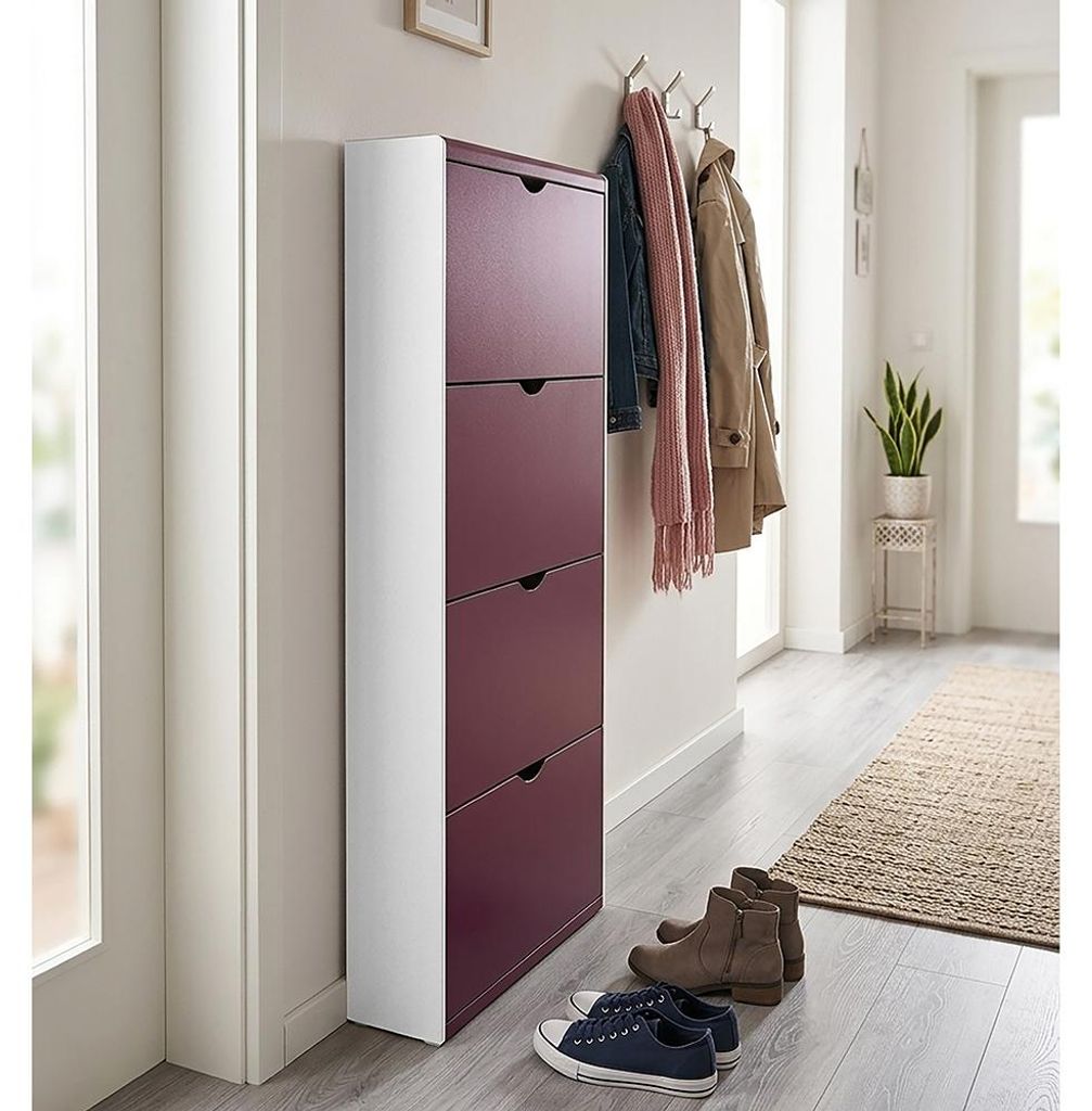 Flur Schuhschrank in weiß mit 4 violetten Kippladen für 8 Paar Schuhe - EDMONTON-120