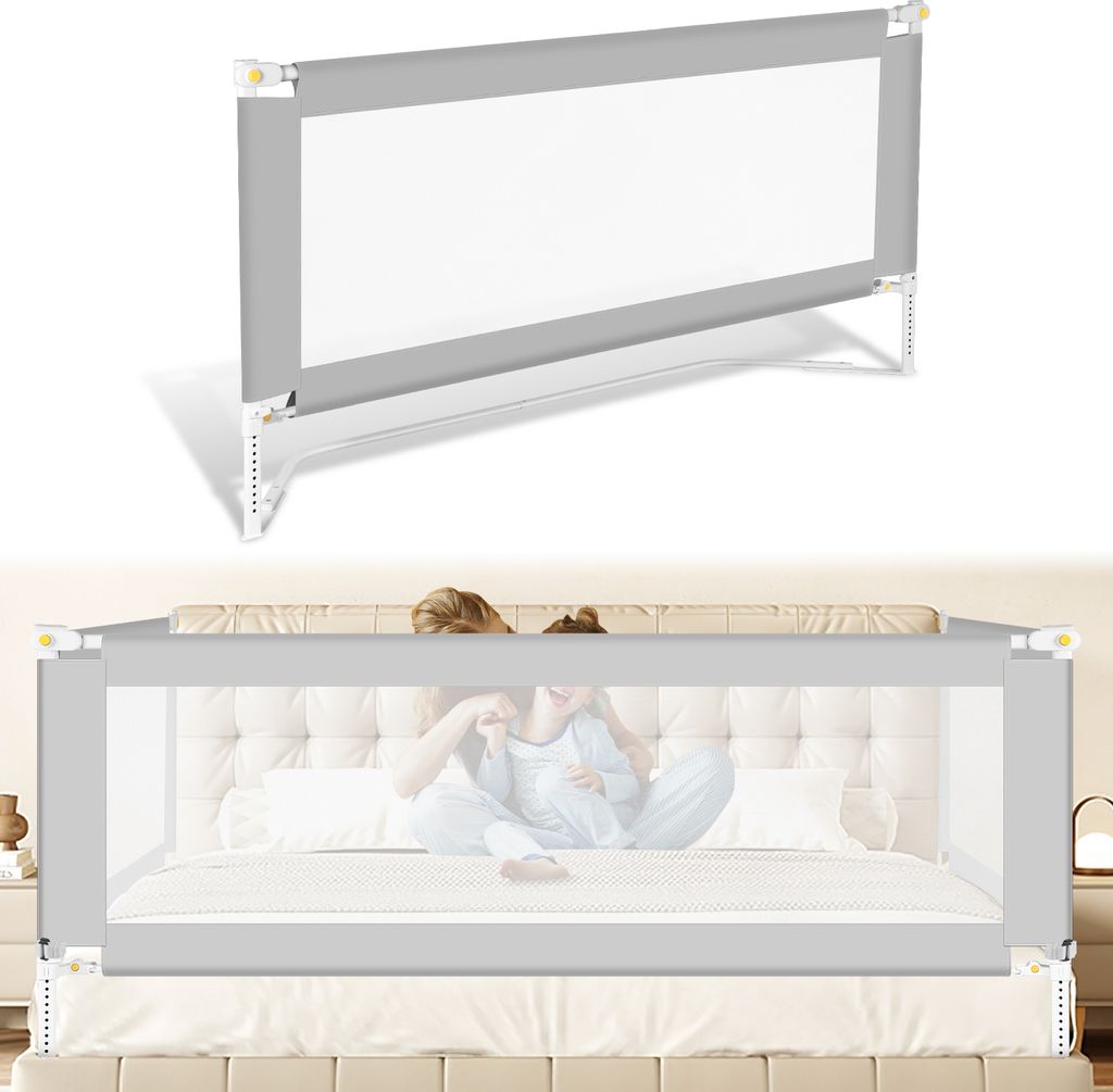 TolleTour 180cm Bettschutzgitter Kinder Bettgitter Höhenverstellbar Kinderbettgitter für Familienbett und Kinderbett, Rausfallschutz für Bett, Grau