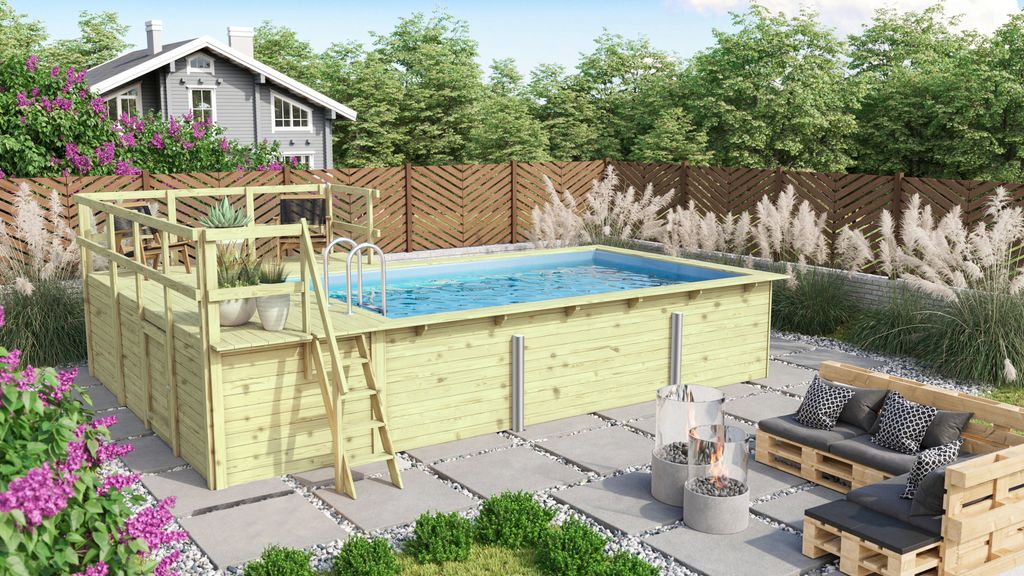 Karibu | Rechteckiger kdi Massivholz Pool 308,7 x 396 cm | Set mit 2 Sonnenterrassen inkl.