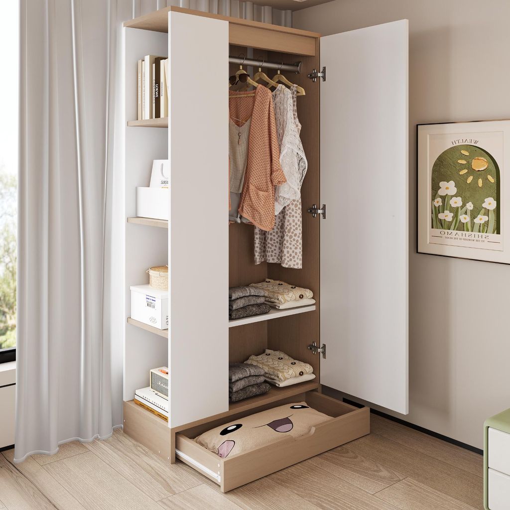 Kleiderschrank mit 1 Tür & Schubladen 70x170x40 cm Drehtürenschrank Naturholz-Optik & Weiß Schlafzimmerschrank mit Regalfächern Modern