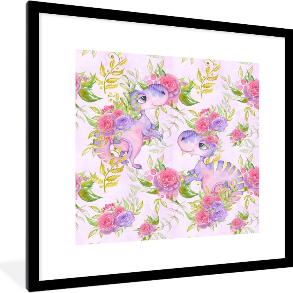 MuchoWow Gerahmtes Poster Kinderzimmer - Lila - Dinosaurier - Mädchen - Kinder - Rosa 40x40 cm - Poster mit Schwarzem Bilderrahmen Wandposter Ra...