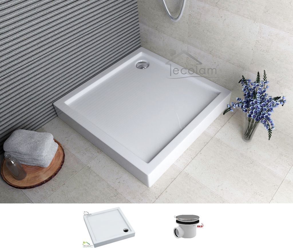 ECOLAM Duschwanne Duschtasse flach Competia Viereck quadratisch 80x80 x14 cm / 3 cm Styropor Acryl Ablauf weiß Styroporunterseite + Siphon