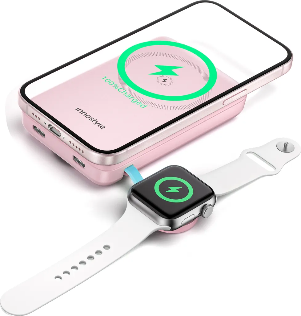 Batterie Externe MagSafe 10000mAh Rose avec Chargeur Apple Watch 2in1