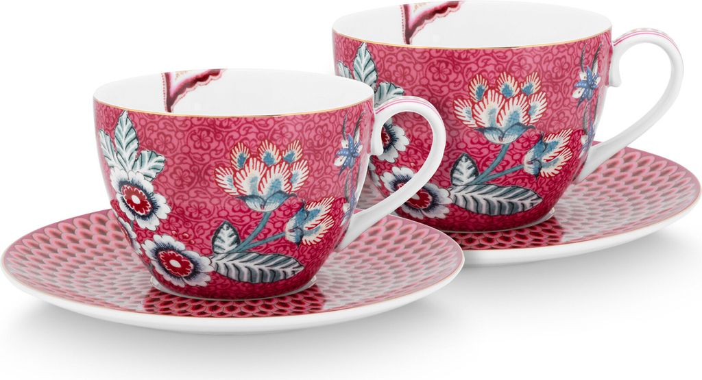 Pip Studio Flower Festival 2-tlg.Set Cappuccino Tasse & Undertasse Dunkelrosa
