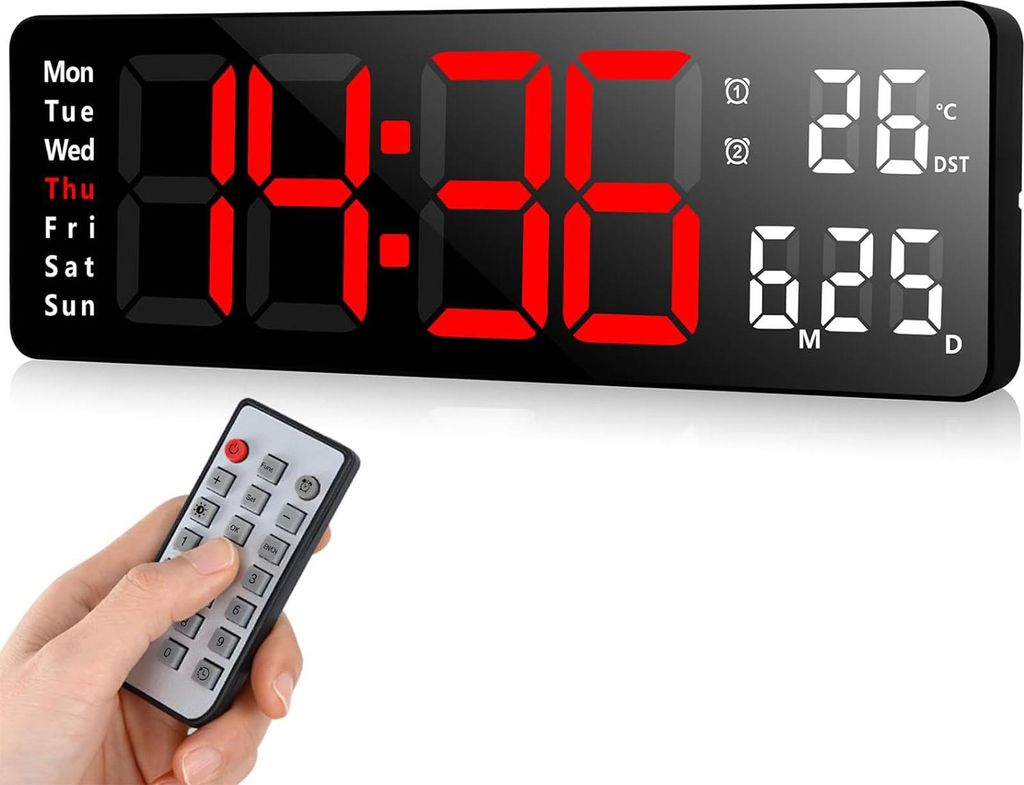 A hand holding a remote control in front of a digital clock.