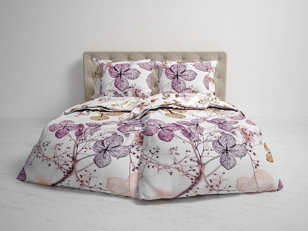 Heckett & Lane Mako-Satin Bettwäsche 155x220 Brigitte Floral pink Blätter Ranken