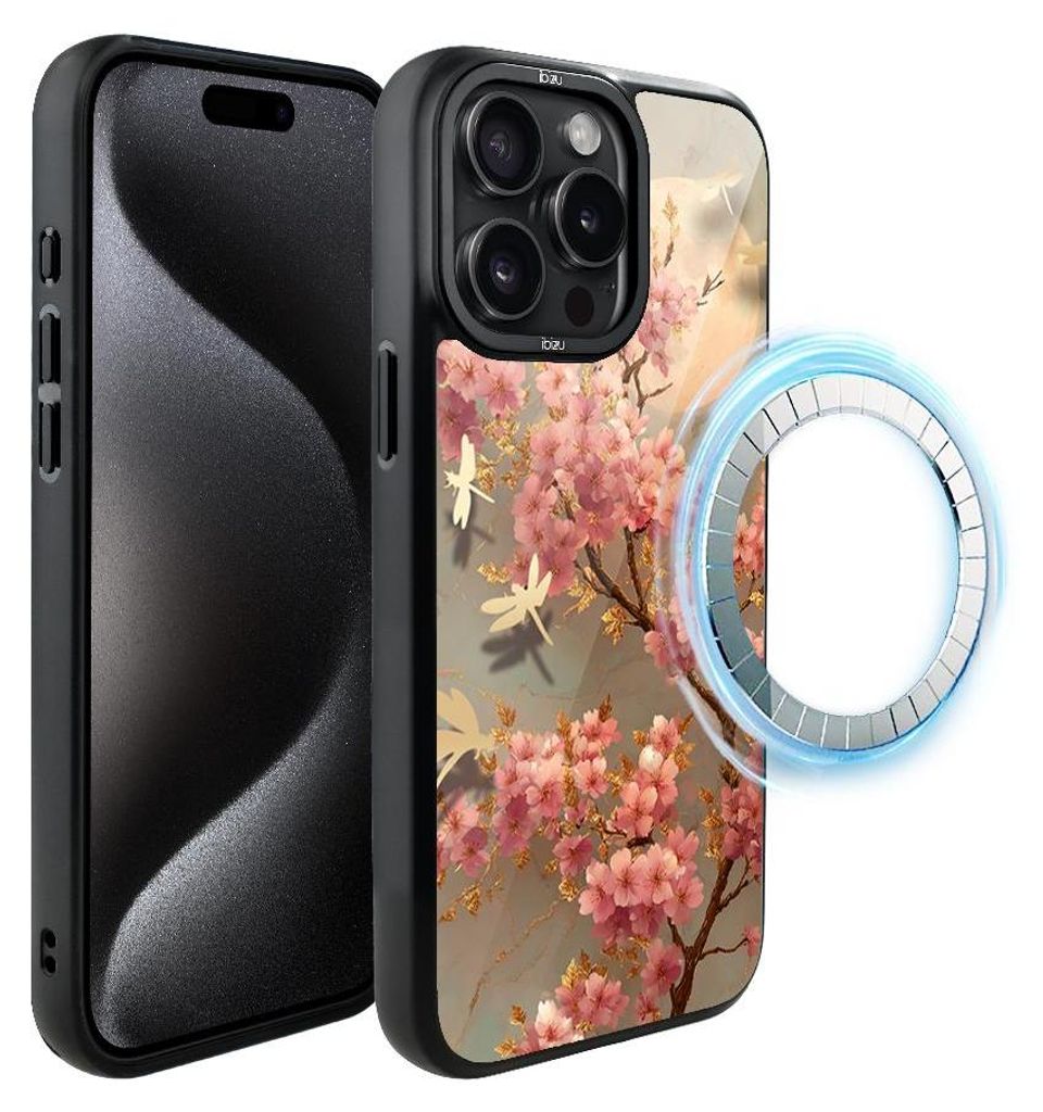Schutzhülle für das iPhone 15 Pro Max, MagSafe-kompatibel, mattschwarze Seiten, Blumen, japanische Kirsche