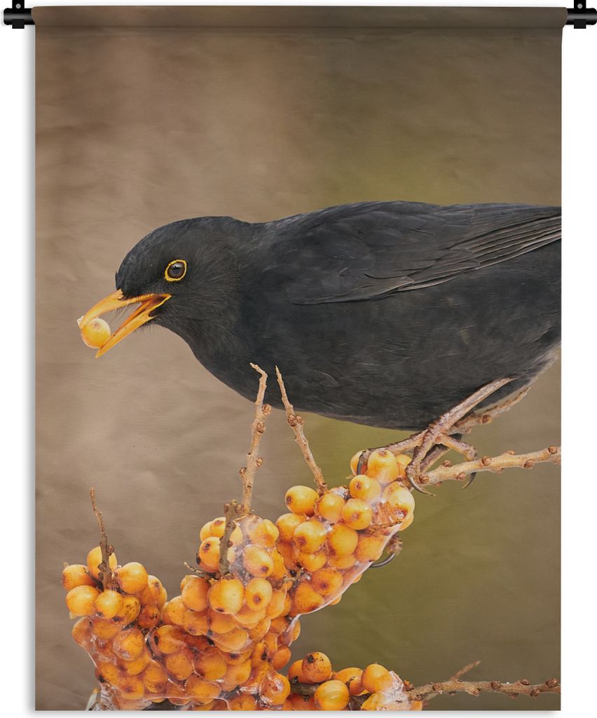 MuchoWow Wandteppich Wandbehang Vogel - Amsel - Winter - Eis - Beere 120x160 cm Tapisserie Dekoration Wandtuch - Wohnzimmer - Moderne