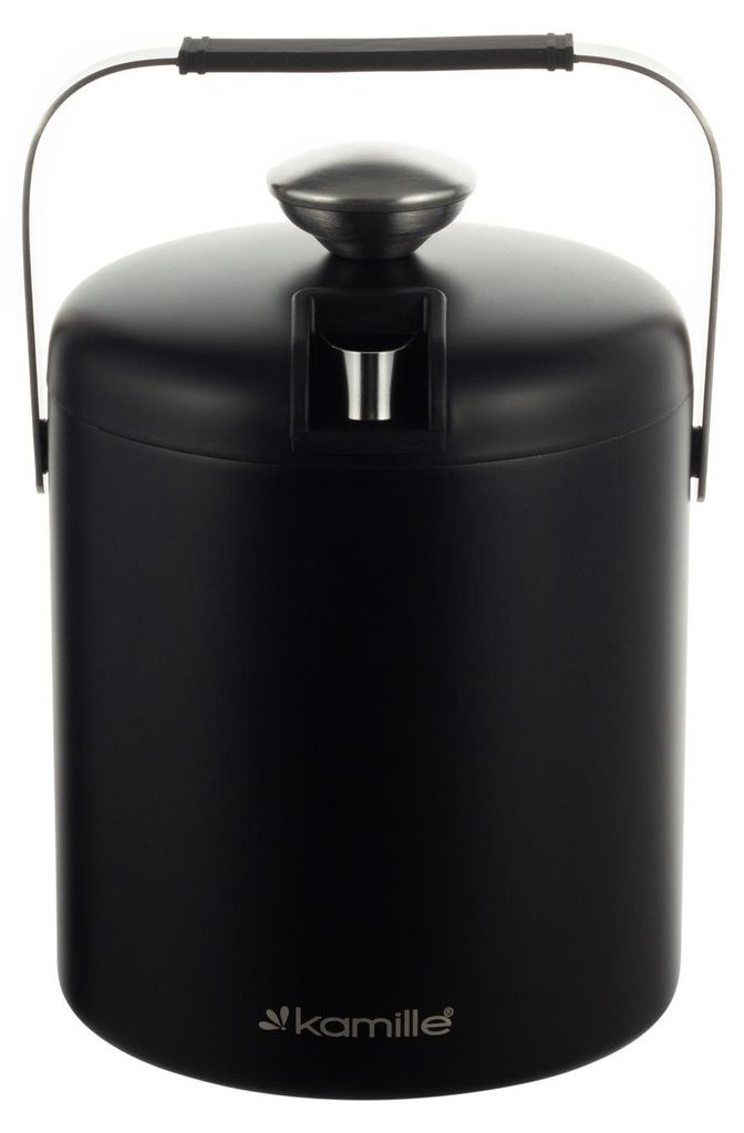 A black insulated ice bucket with a silver handle and lid.