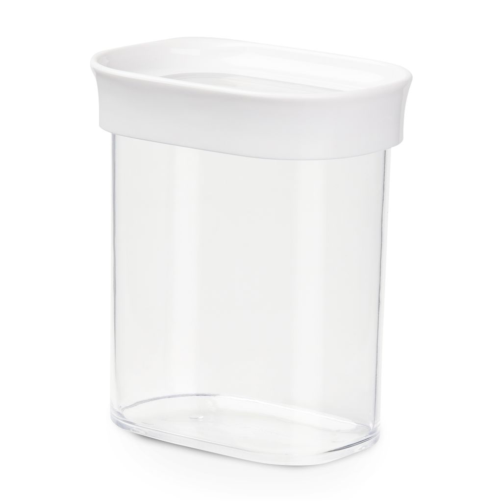 A clear studio shot of an empty transparent storage container with a white lid.