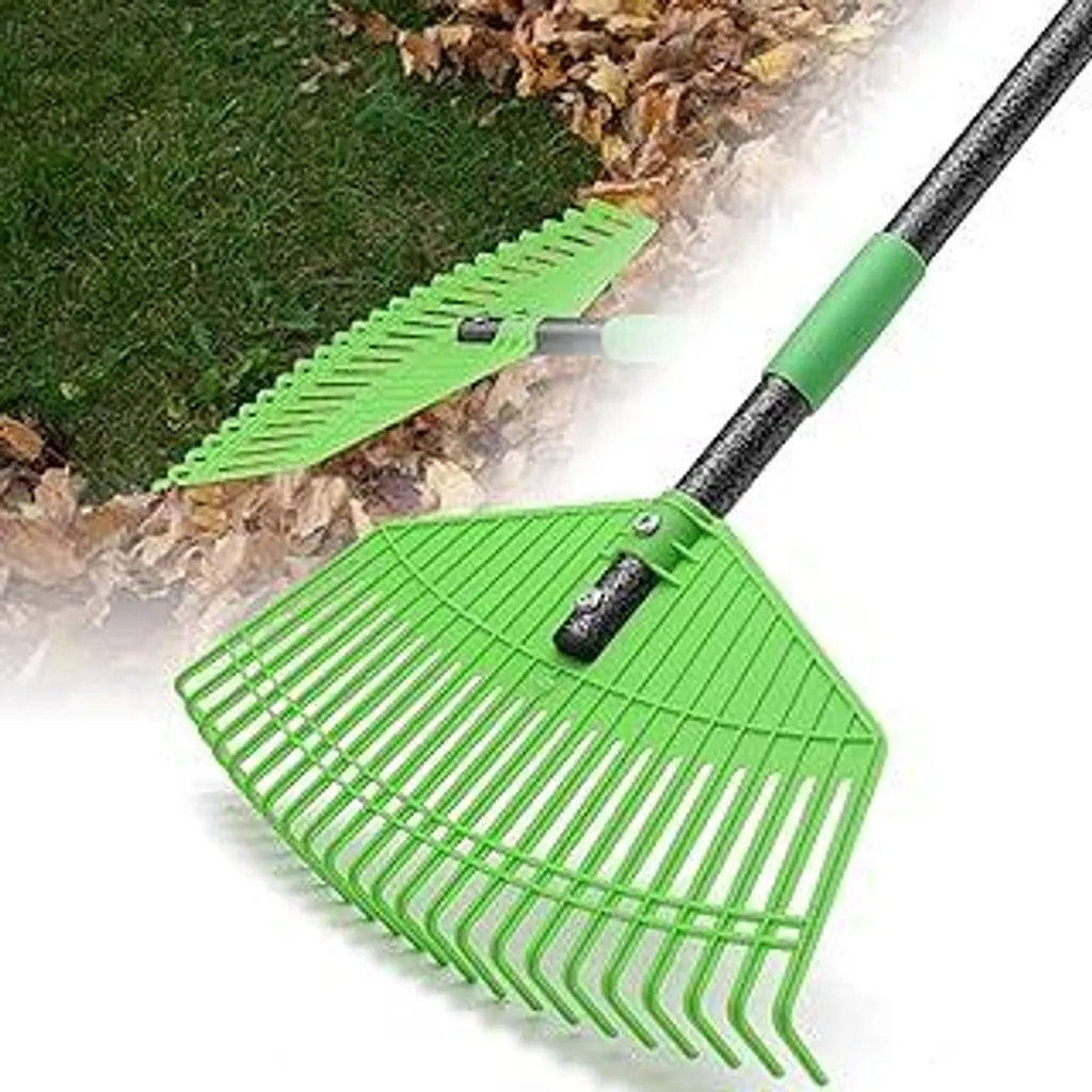 Rastrello, 107 cm Rastrello per foglie con manico regolabile - 42 cm Rastrello da giardino per grandi superfici Rastrello per foglie in plastica con 23 denti rinforzati, rastrello per prato per pulire piante, prati e cortili