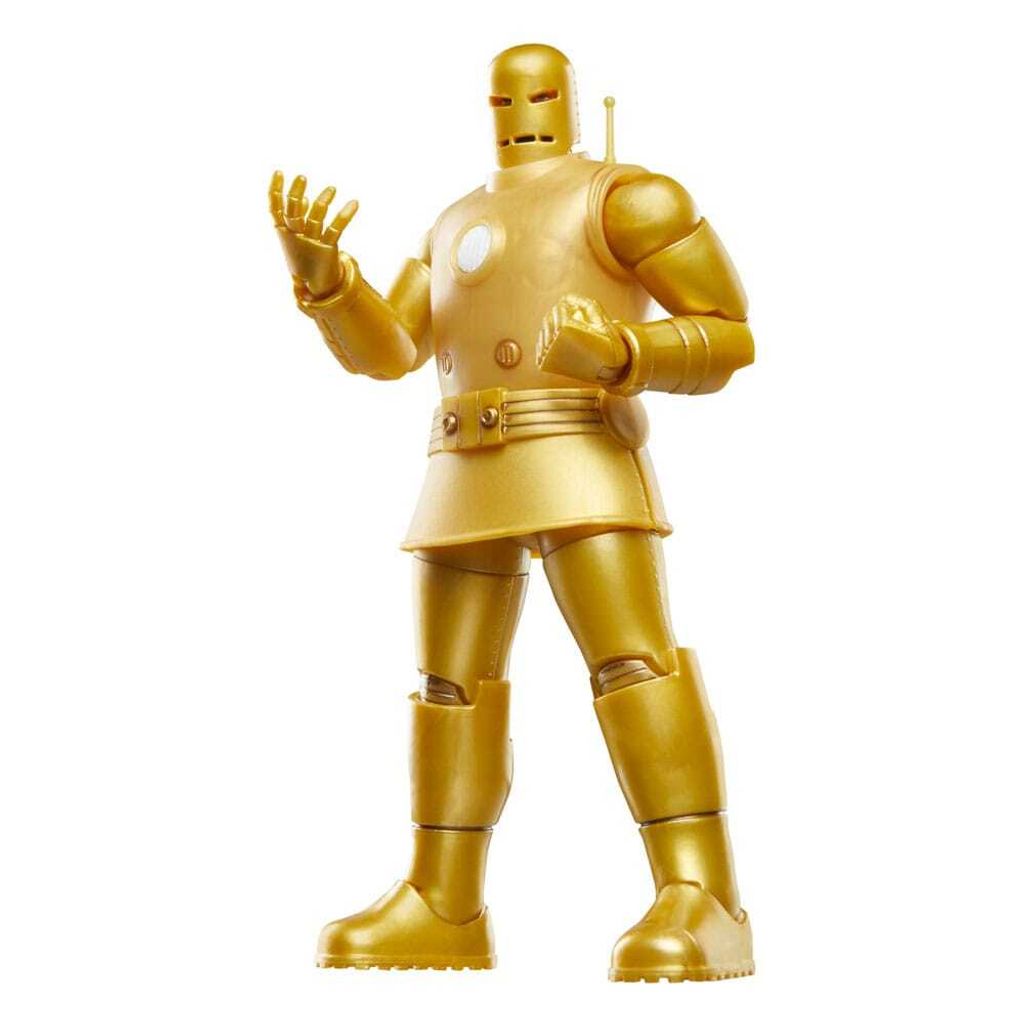 A full-body shot of a golden Iron Man action figure against a white background.