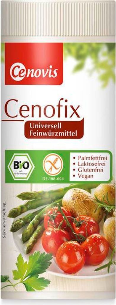 A product container with food imagery and certifications.