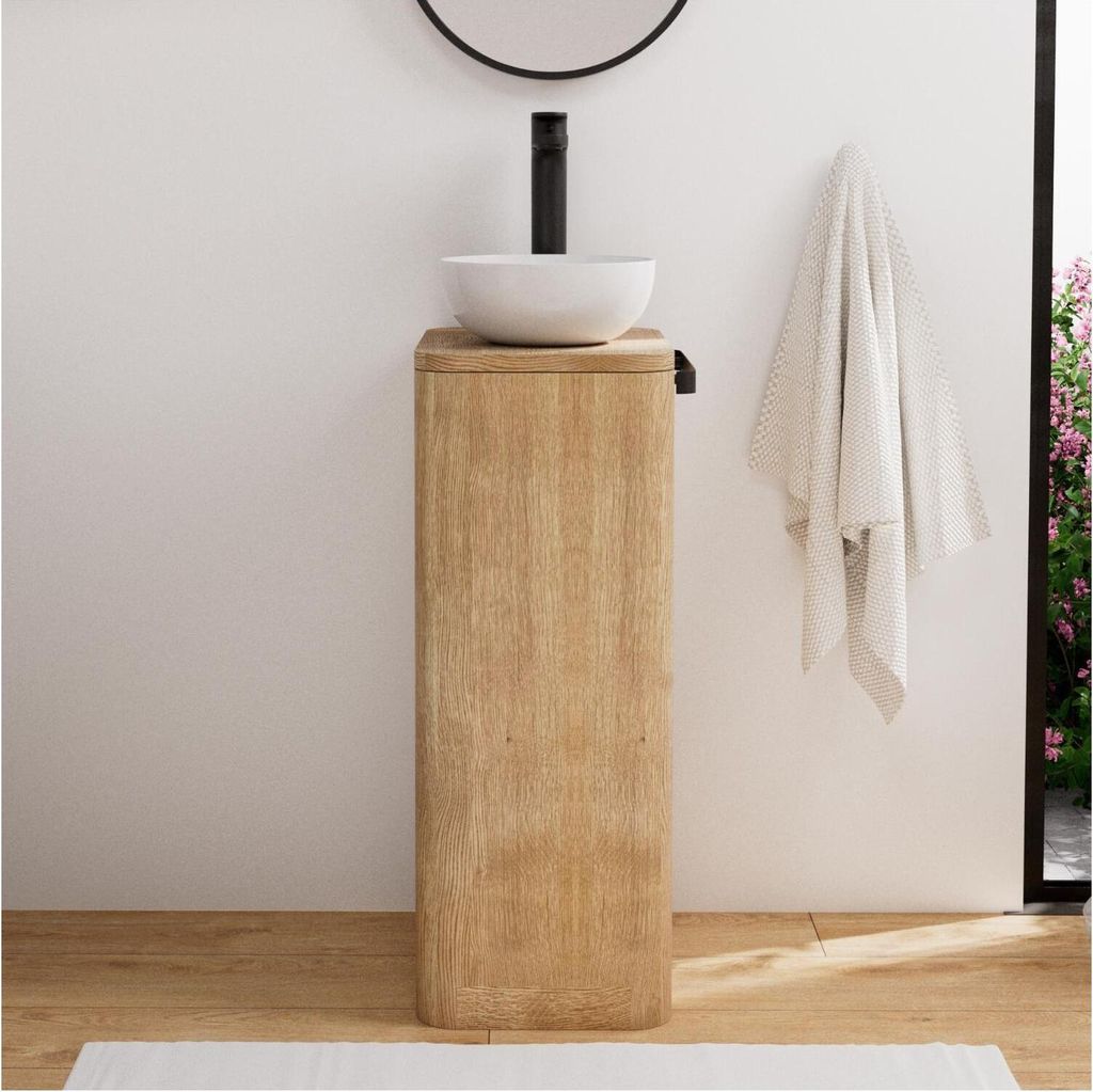 TOM Waschbeckenunterschrank, massive Eiche, 40x78 cm, Handtuchhalter, Drucköffnung, Siphon-Zugang