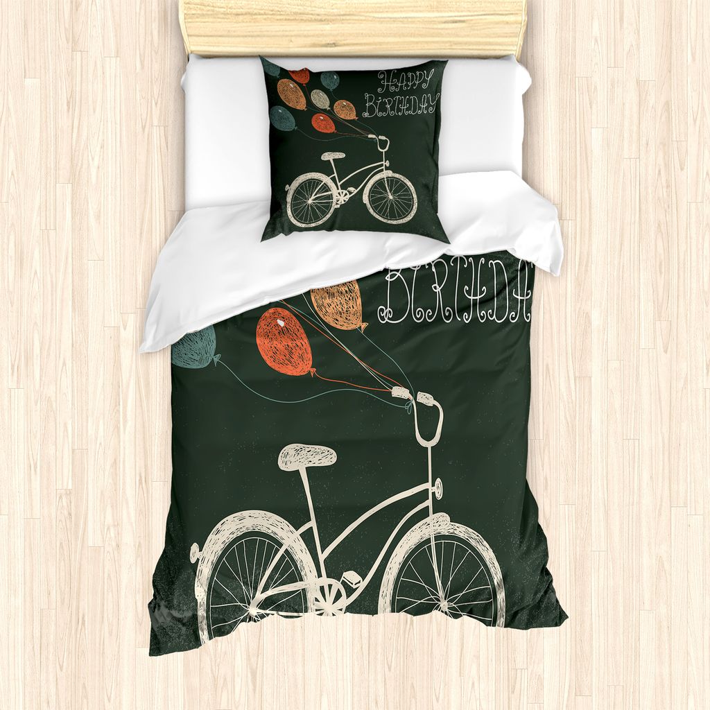 ABAKUHAUS Fahrrad Bettbezug Set für Einzelbetten, Bike Ballons Alles Gute zum Geburtstag, Milbensicher Allergiker geeignet mit Kissenbezug, 135 cm...