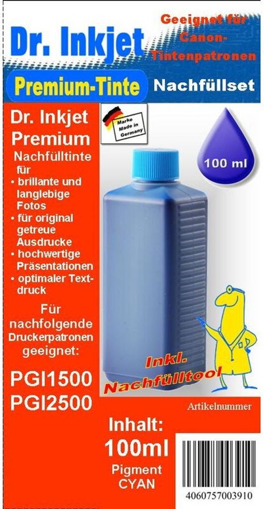 CR61C - Cyan - Dr.Inkjet Premium Nachfülltinte 100ml für Canon Druckerpatronen für PGI-1500 + PGI-2500 inkl. Dr.Inkjet Nachfülltool