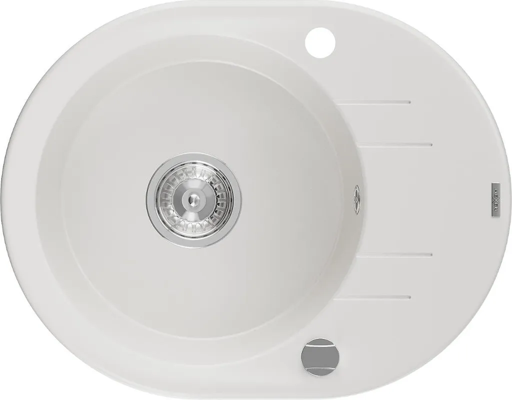 Mexen Kevin lavello in granito 1-vasca con sgocciolatoio 586 x 458 mm, bianco, sifone cromato - 6517581005-20