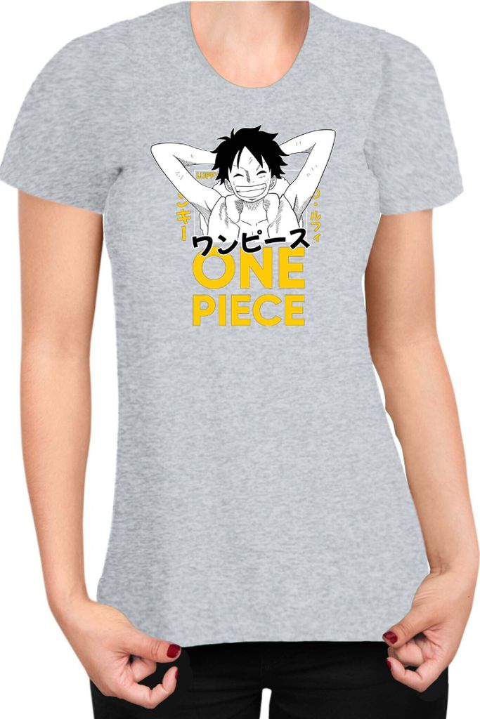 Damen T-Shirt Japan Anime Manga One Manga Piece Anime Luffy 03 Smile, Lady L / Grau