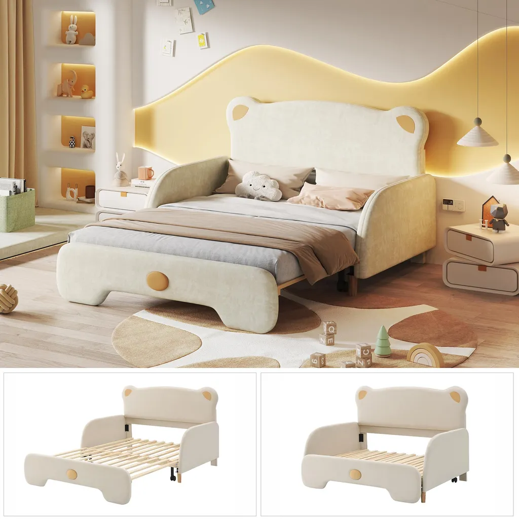 Lit d'Appoint 140x200 cm en Velours Beige pour Invités avec Gigogne